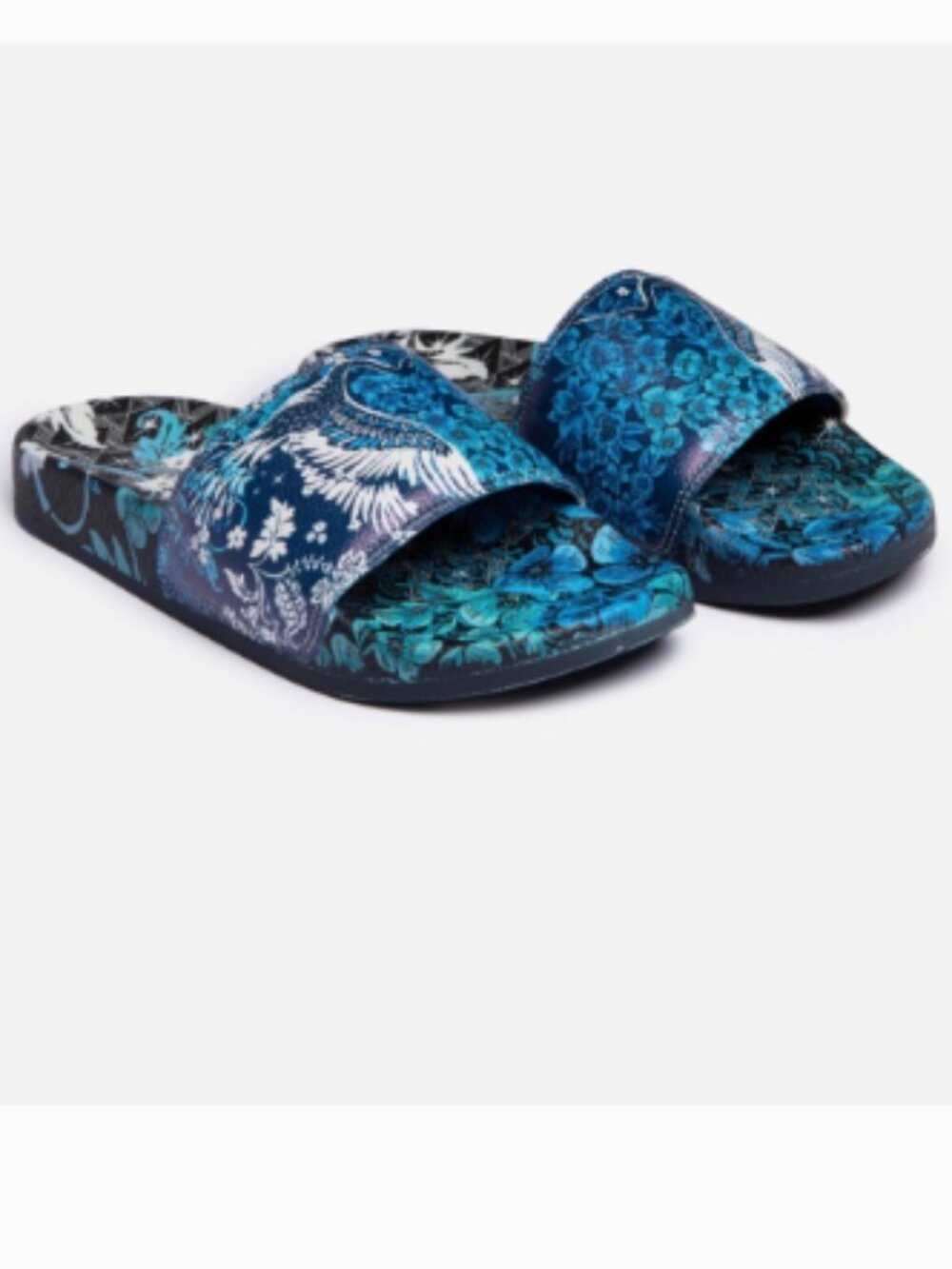 Johnny Was Blue Phoenix Pool Slide Floral Crane Print Sandals Women's Sz 8